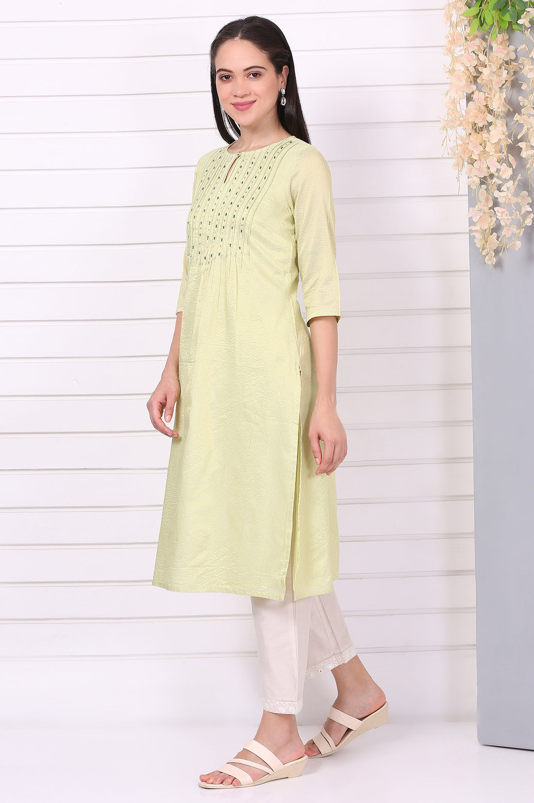 Green Beaded Straight Chanderi Lurex Kurta