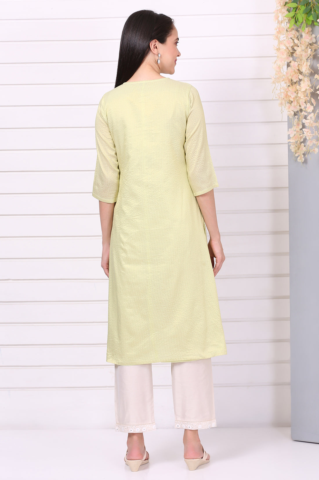 Green Beaded Straight Chanderi Lurex Kurta
