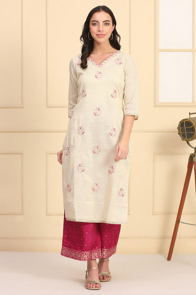 Cream Zari Embellished Straight Chanderi Lurex Kurta