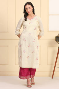Cream Zari Embellished Straight Chanderi Lurex Kurta