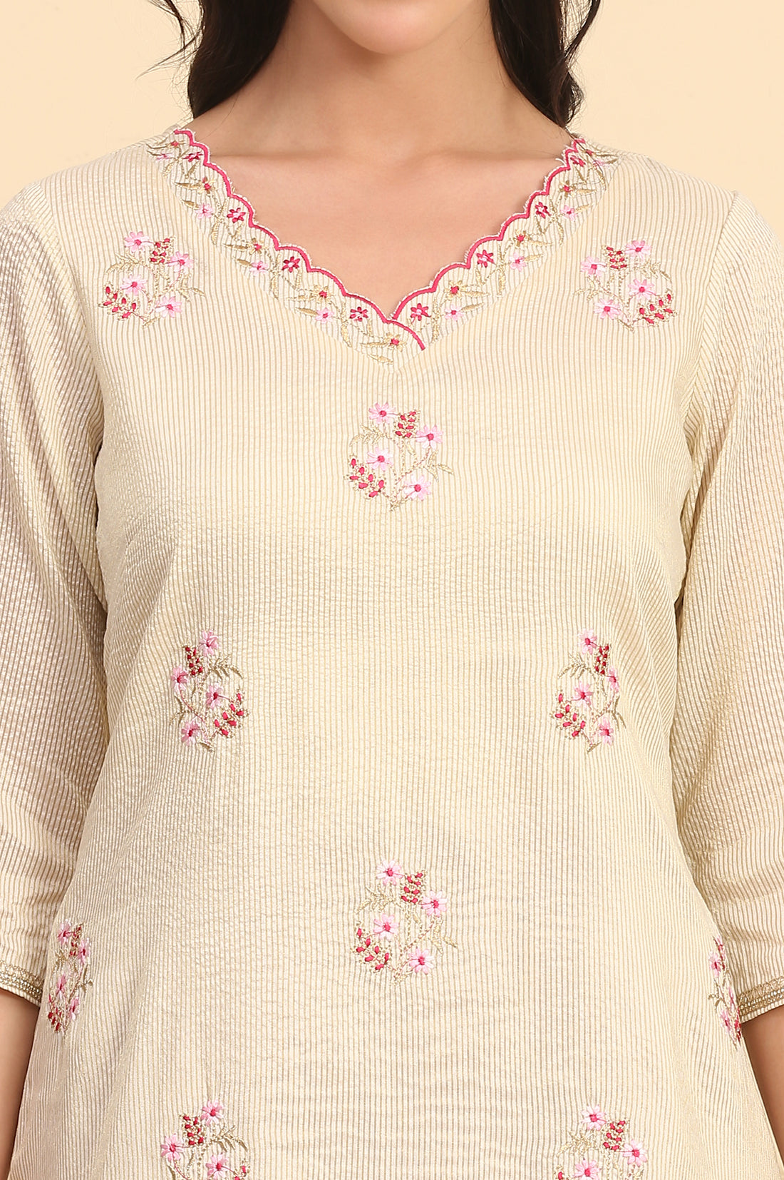 Cream Zari Embellished Straight Chanderi Lurex Kurta