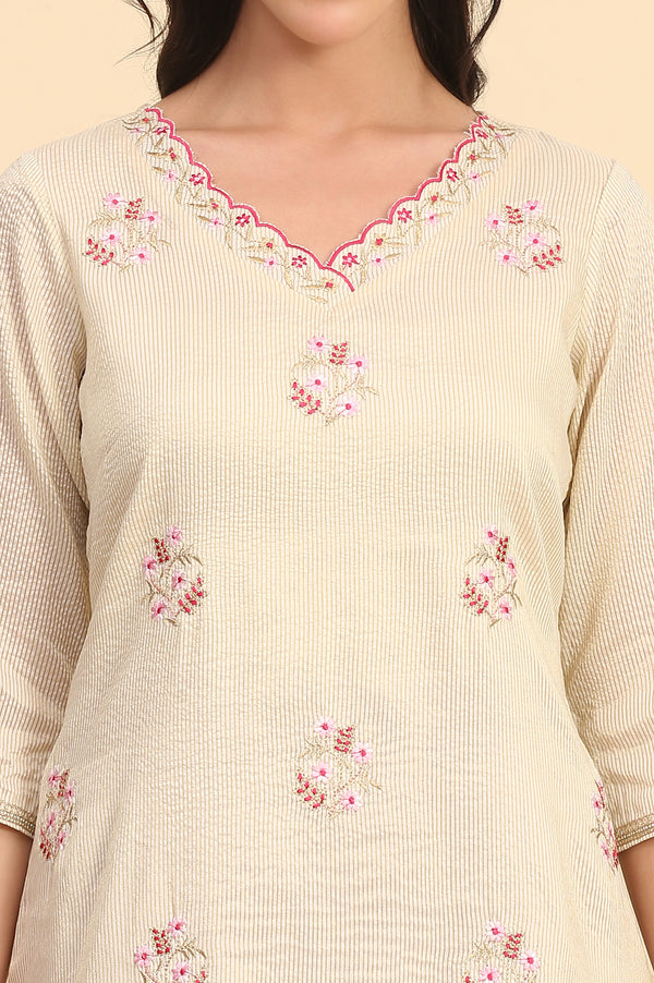 Cream Zari Embellished Straight Chanderi Lurex Kurta