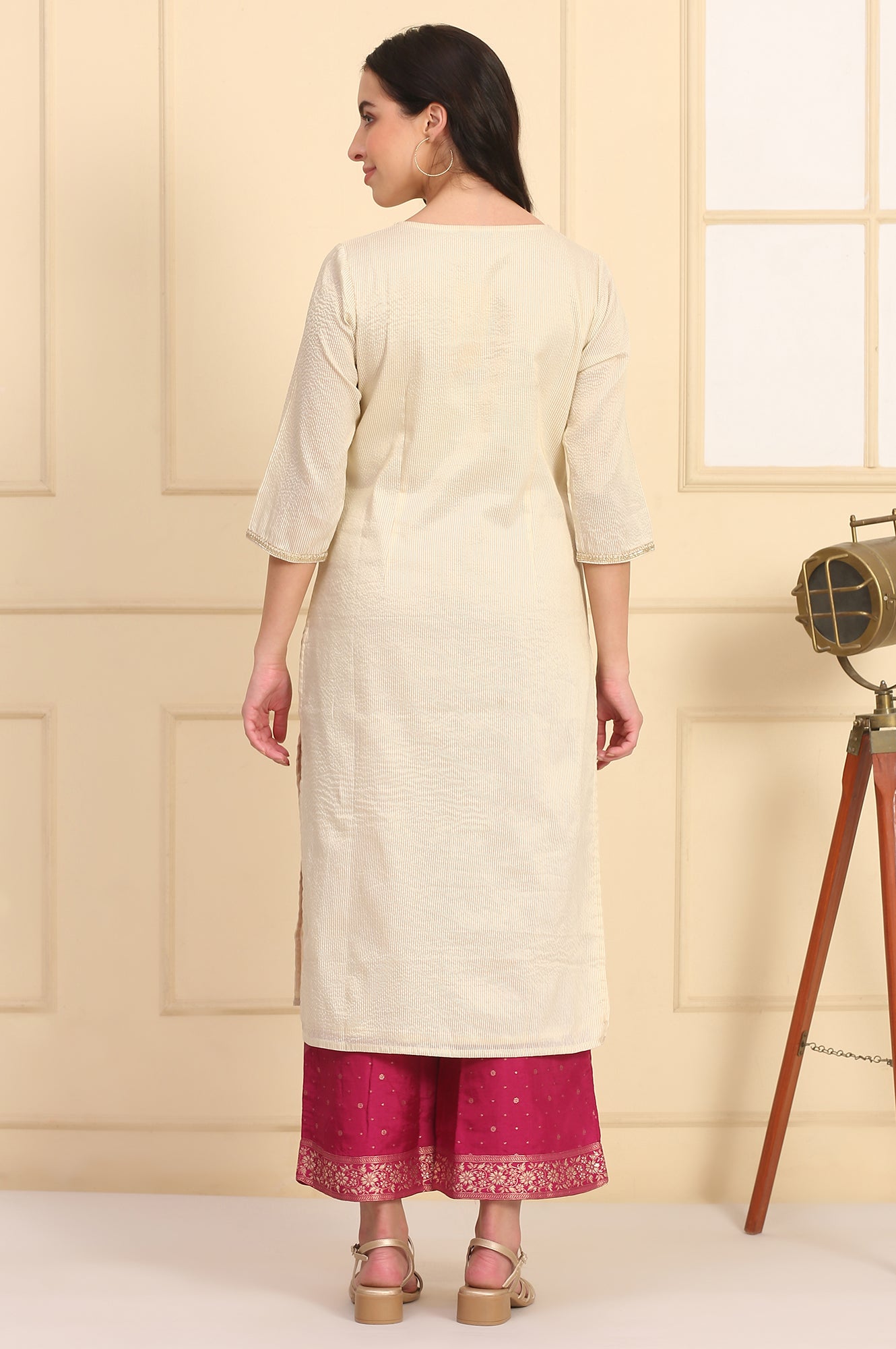 Cream Zari Embellished Straight Chanderi Lurex Kurta