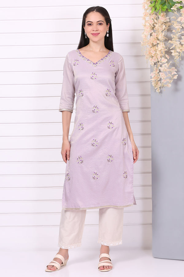 Purple Embroided Zari Straight Chanderi Lurex Purple Kurta