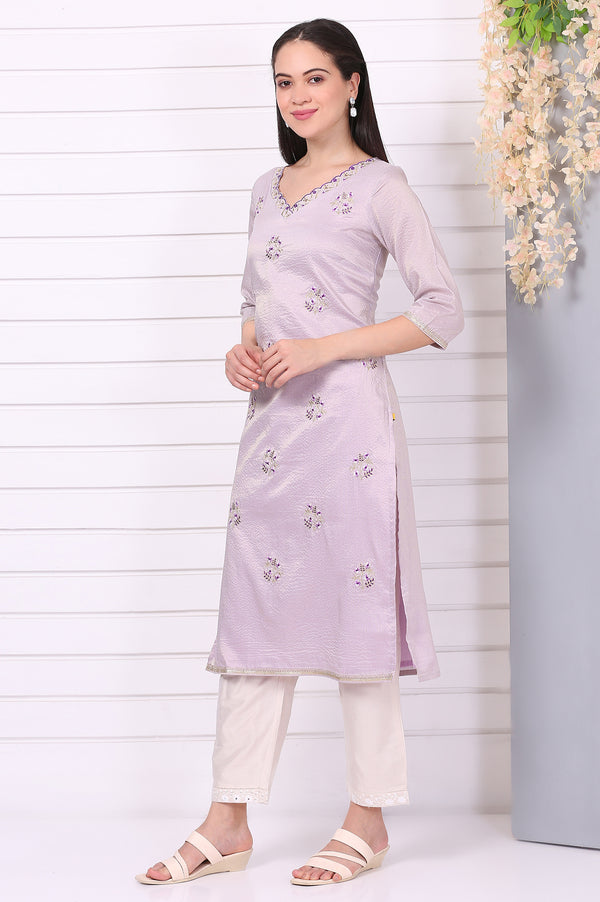 Purple Embroided Zari Straight Chanderi Lurex Purple Kurta
