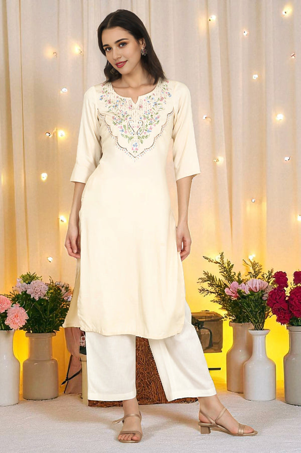Cream Sequined Embroidered Straight Kurta