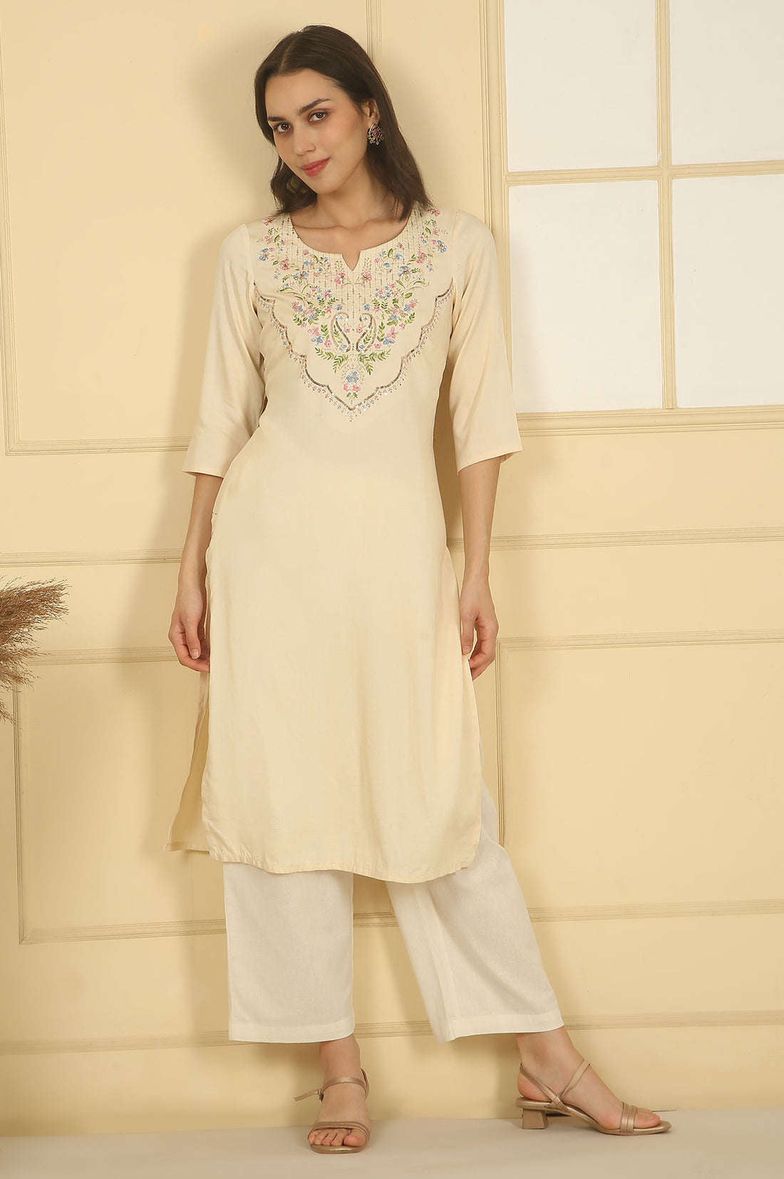 Cream Sequined Embroidered Straight Kurta