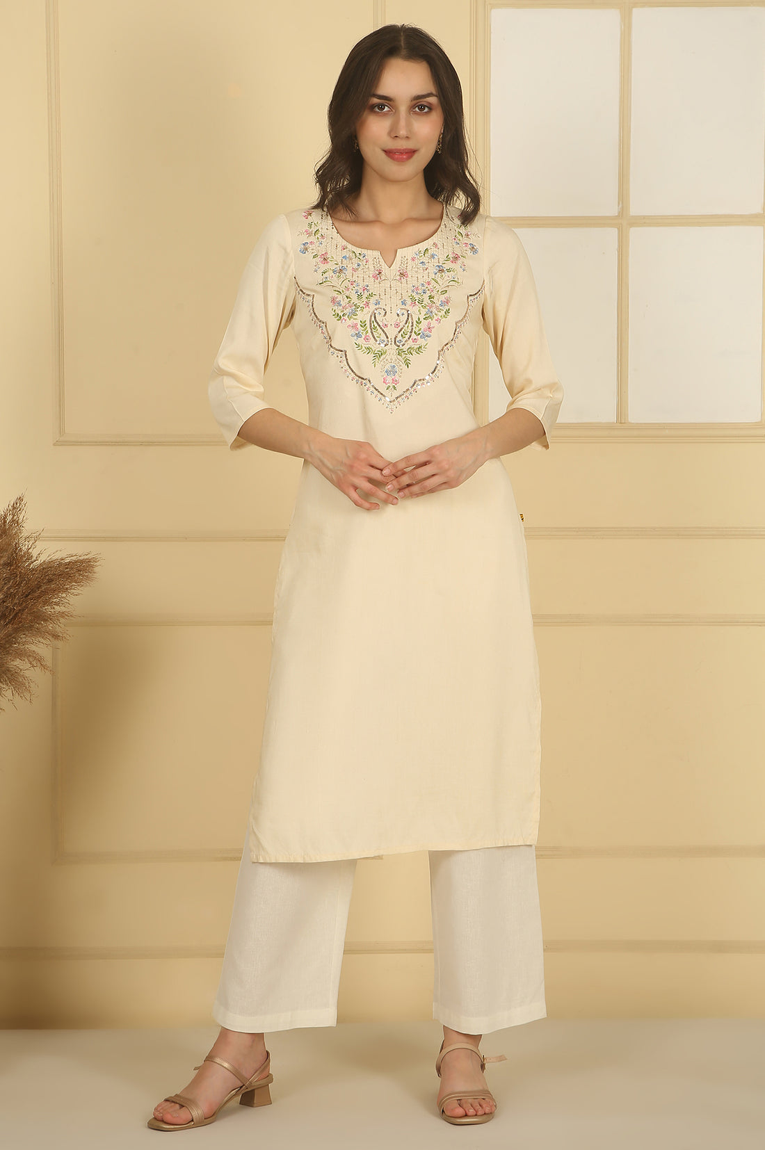 Cream Sequined Embroidered Straight Kurta