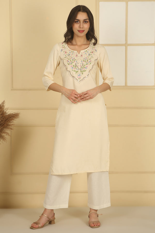 Cream Sequined Embroidered Straight Kurta