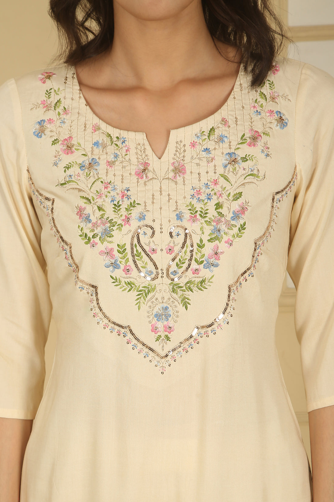 Cream Sequined Embroidered Straight Kurta