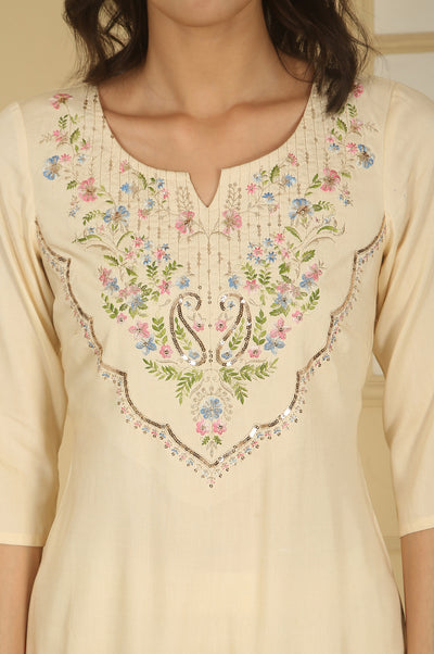Cream Sequined Embroidered Straight Kurta
