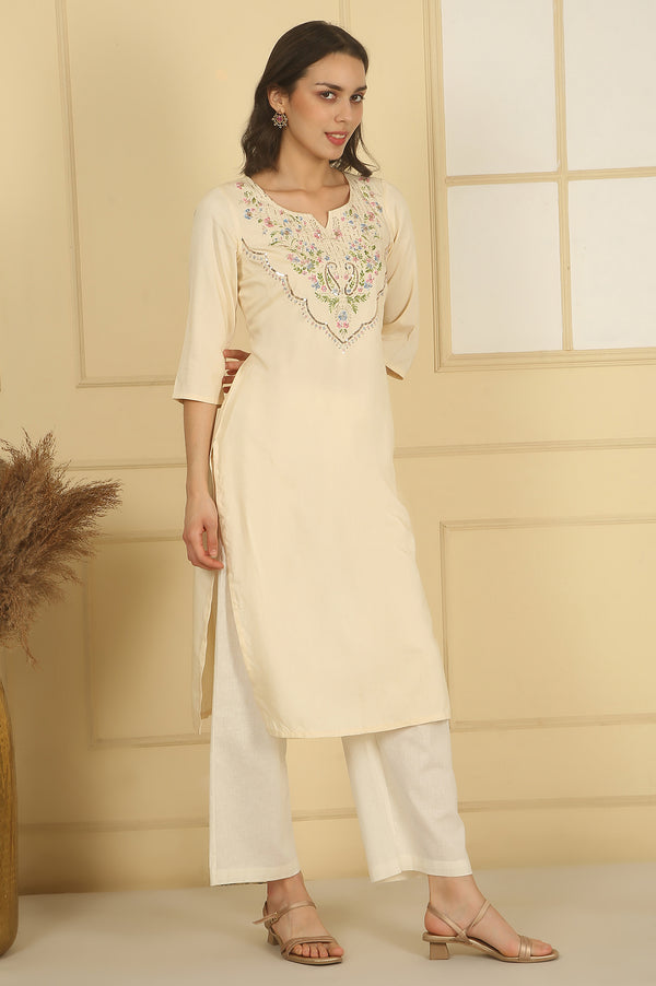 Cream Sequined Embroidered Straight Kurta