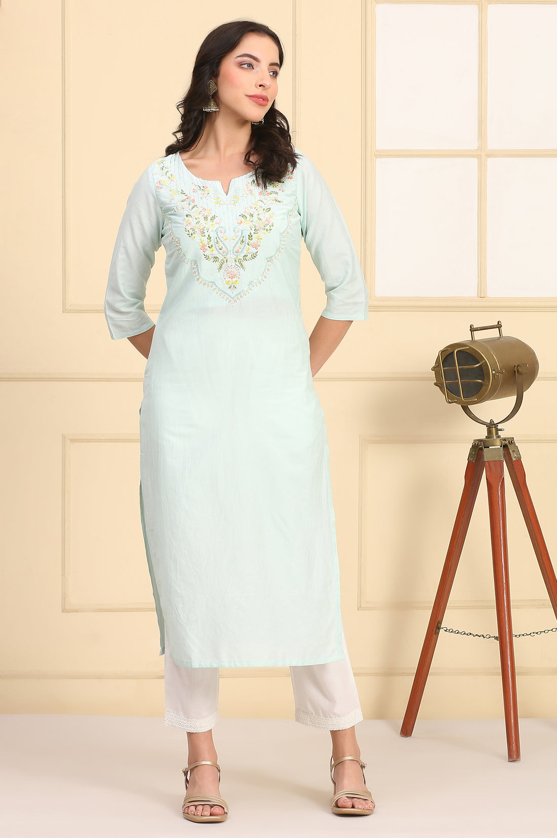 Mint Green Sequins Embellished Yoke Straight Festive Kurta