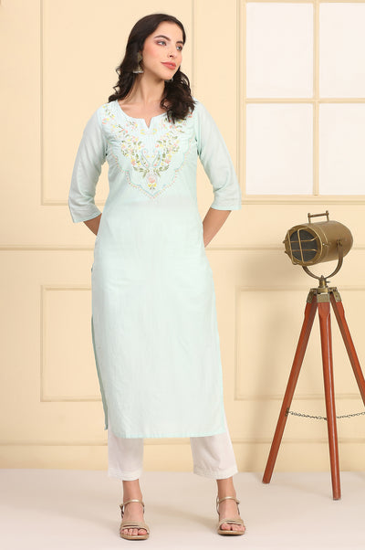 Mint Green Sequins Embellished Yoke Straight Festive Kurta