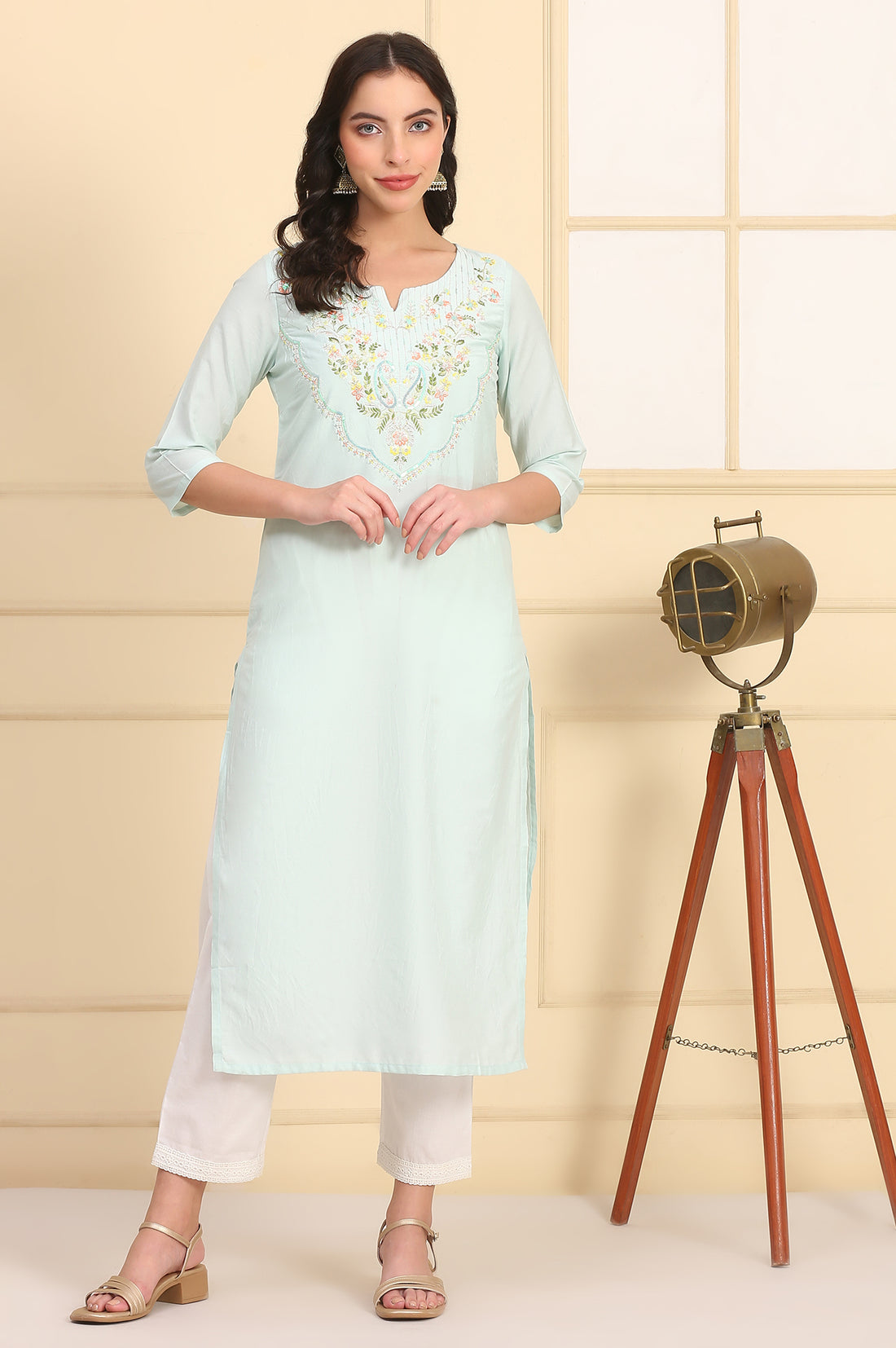 Mint Green Sequins Embellished Yoke Straight Festive Kurta