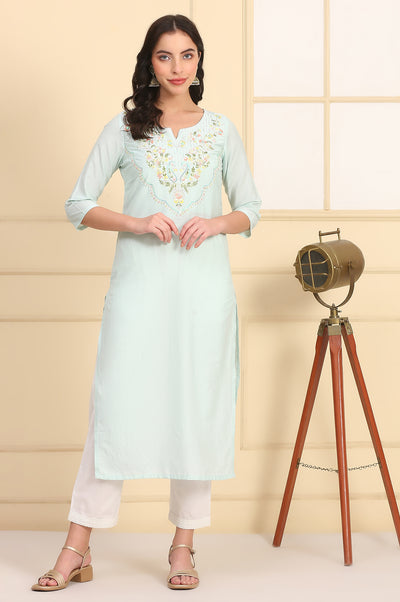 Mint Green Sequins Embellished Yoke Straight Festive Kurta