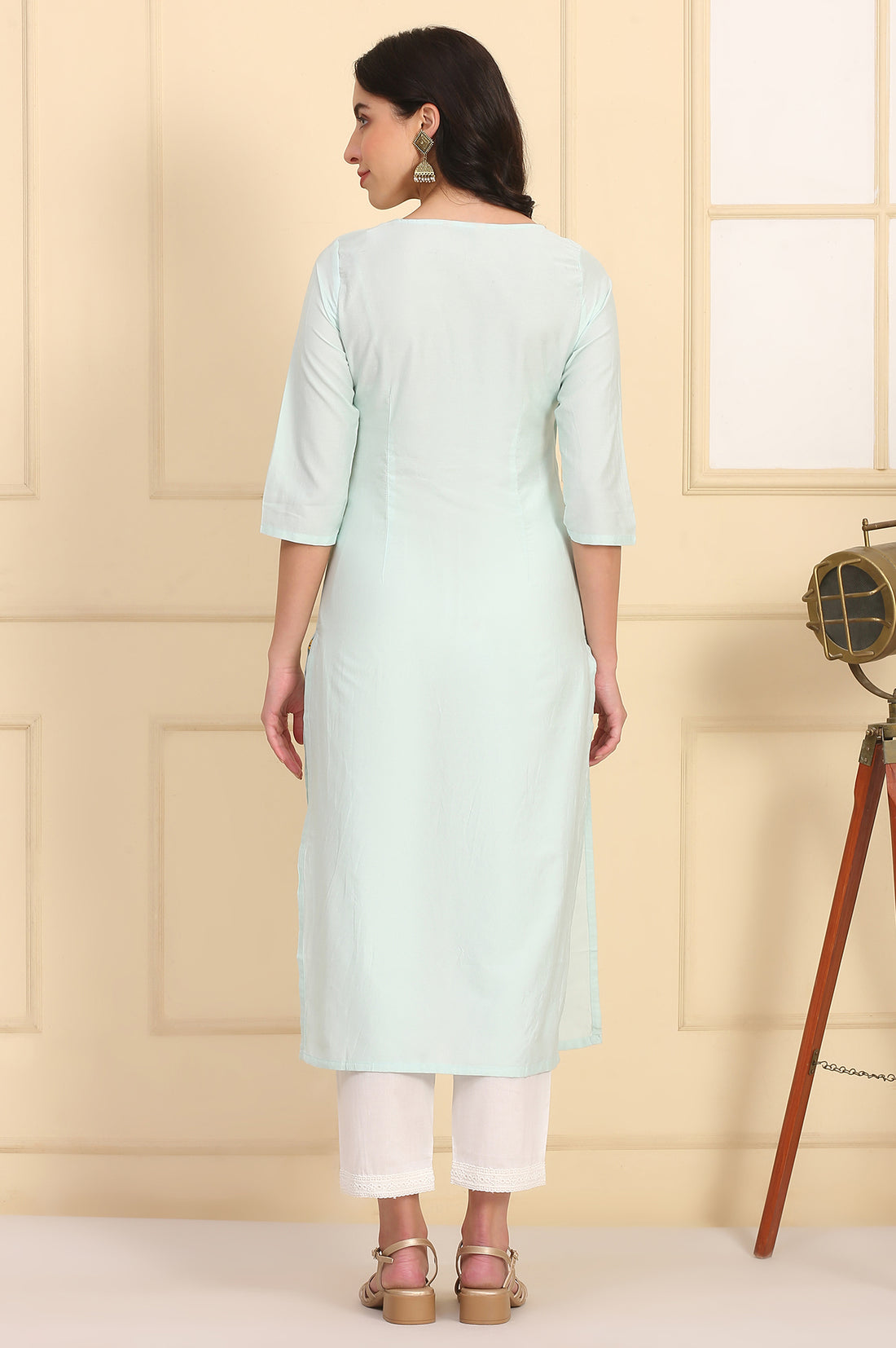 Mint Green Sequins Embellished Yoke Straight Festive Kurta