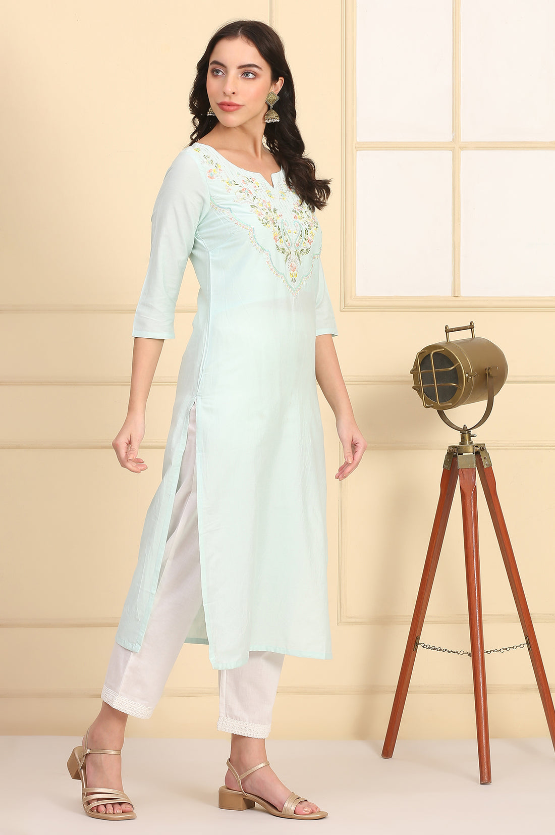 Mint Green Sequins Embellished Yoke Straight Festive Kurta