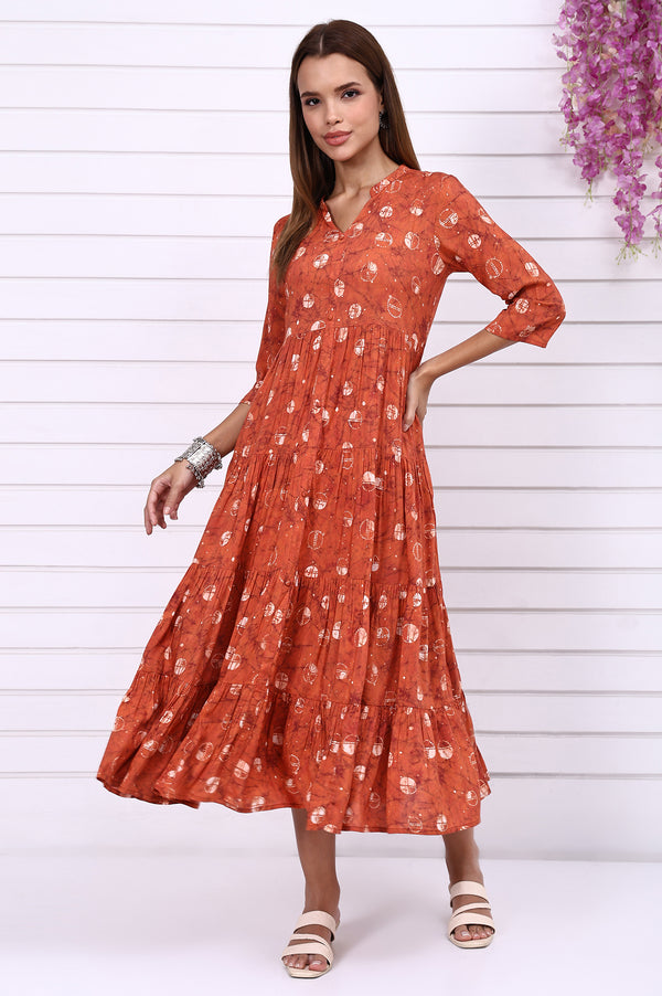 Orange Batik Printed Tiered Flared Dress