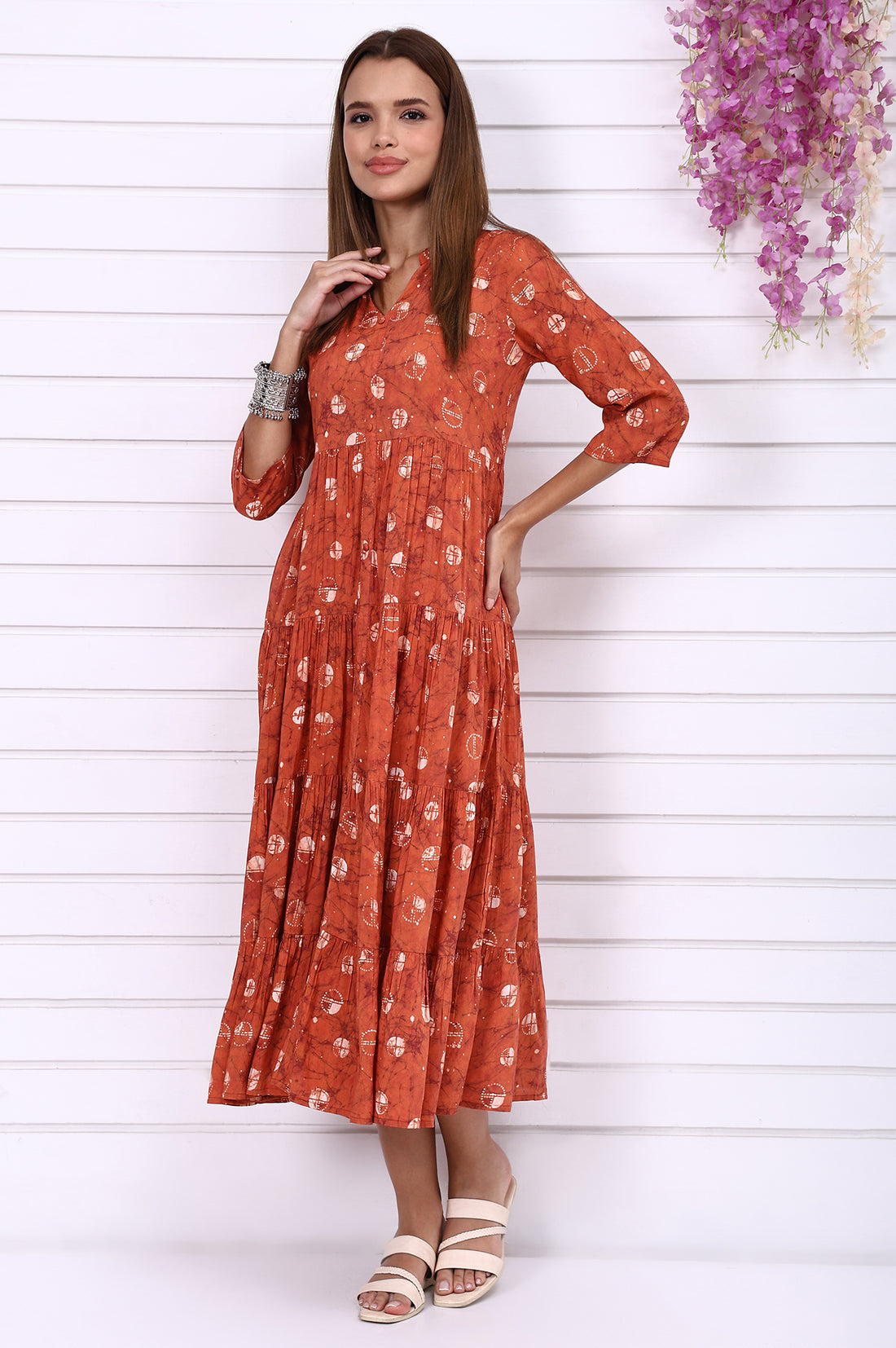 Orange Batik Printed Tiered Flared Dress