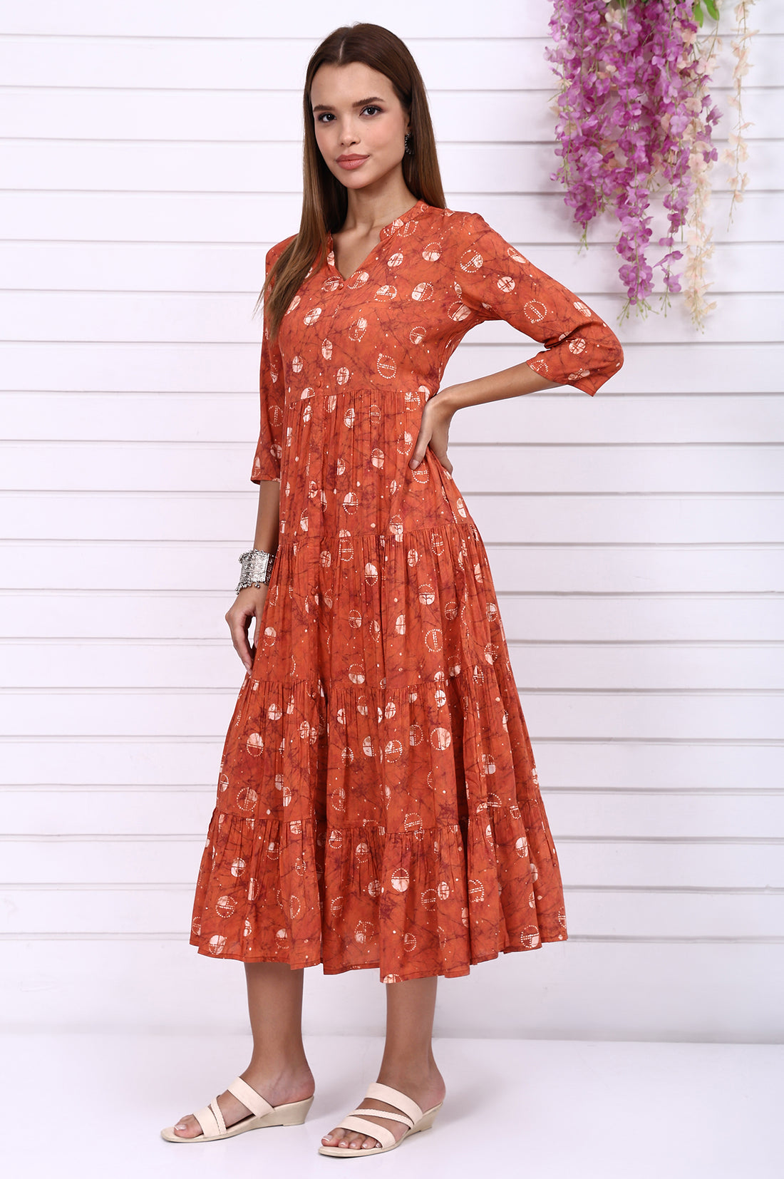 Orange Batik Printed Tiered Flared Dress