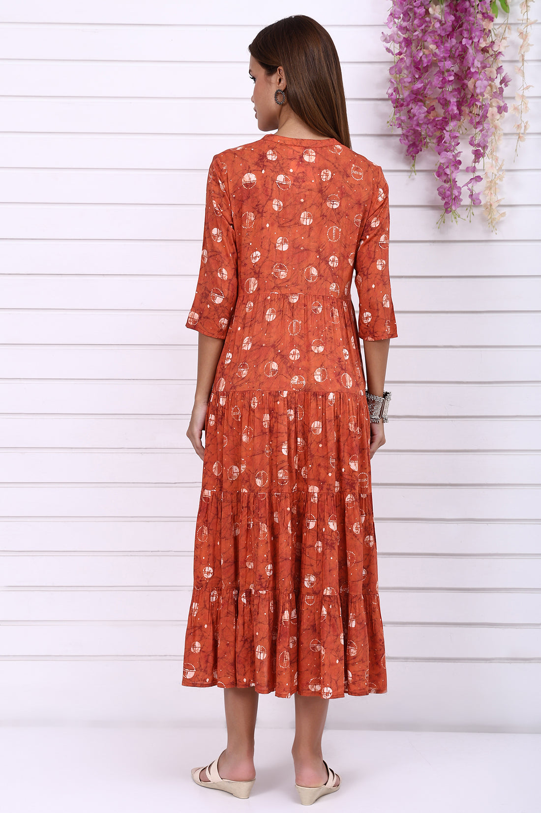 Orange Batik Printed Tiered Flared Dress