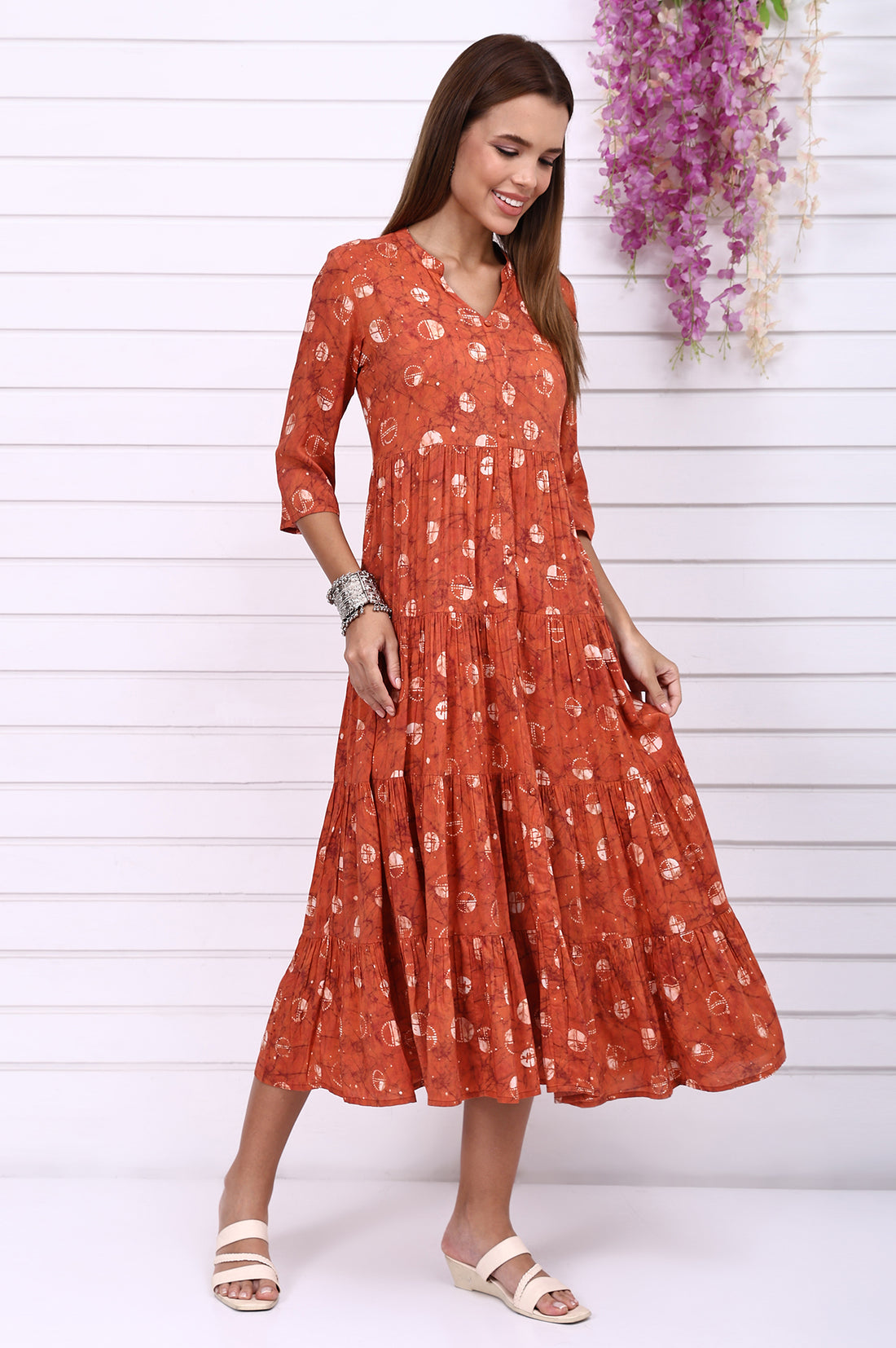 Orange Batik Printed Tiered Flared Dress