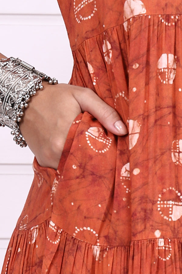 Orange Batik Printed Tiered Flared Dress