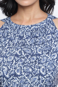 Blue Batik Printed Buttons Modal Flared Dress