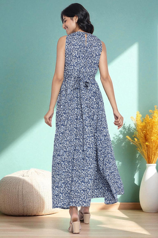 Blue Batik Printed Buttons Modal Flared Dress