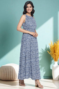 Blue Batik Printed Buttons Modal Flared Dress