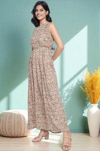 Brown Batik Printed Buttons Modal Flared Dress