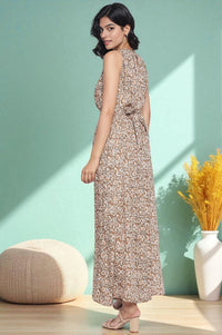 Brown Batik Printed Buttons Modal Flared Dress