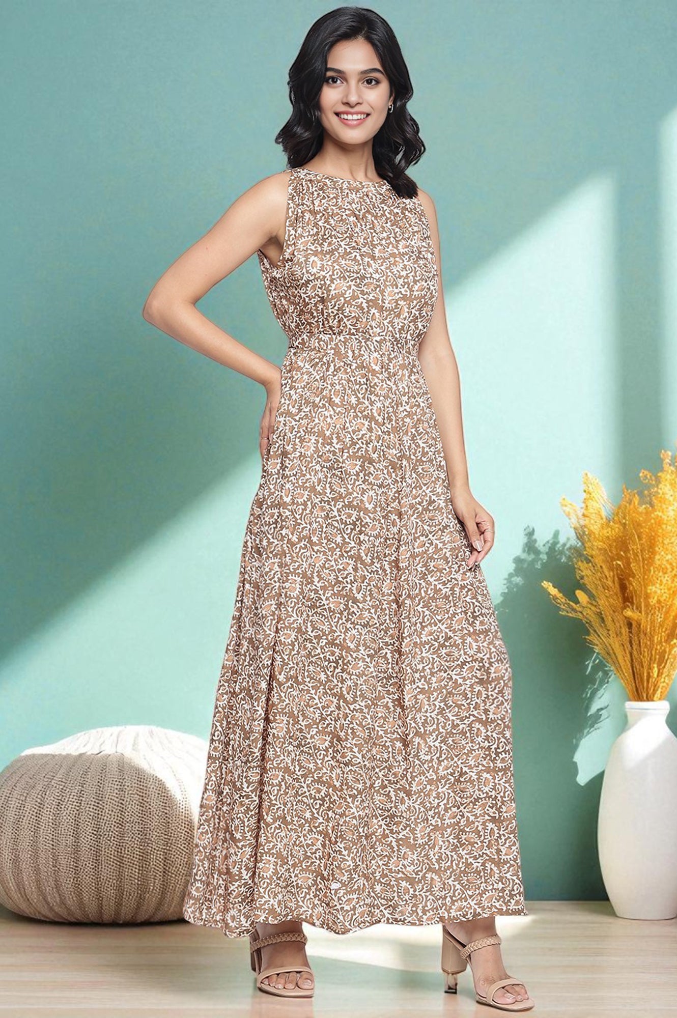 Brown Batik Printed Buttons Modal Flared Dress
