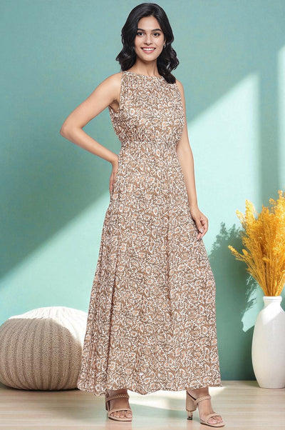 Brown Batik Printed Buttons Modal Flared Dress