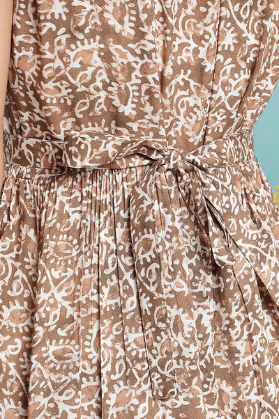 Brown Batik Printed Buttons Modal Flared Dress