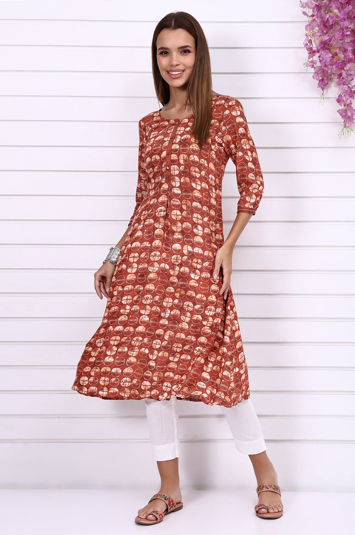 Orange Batik Printed Casual A-line Kurta - S