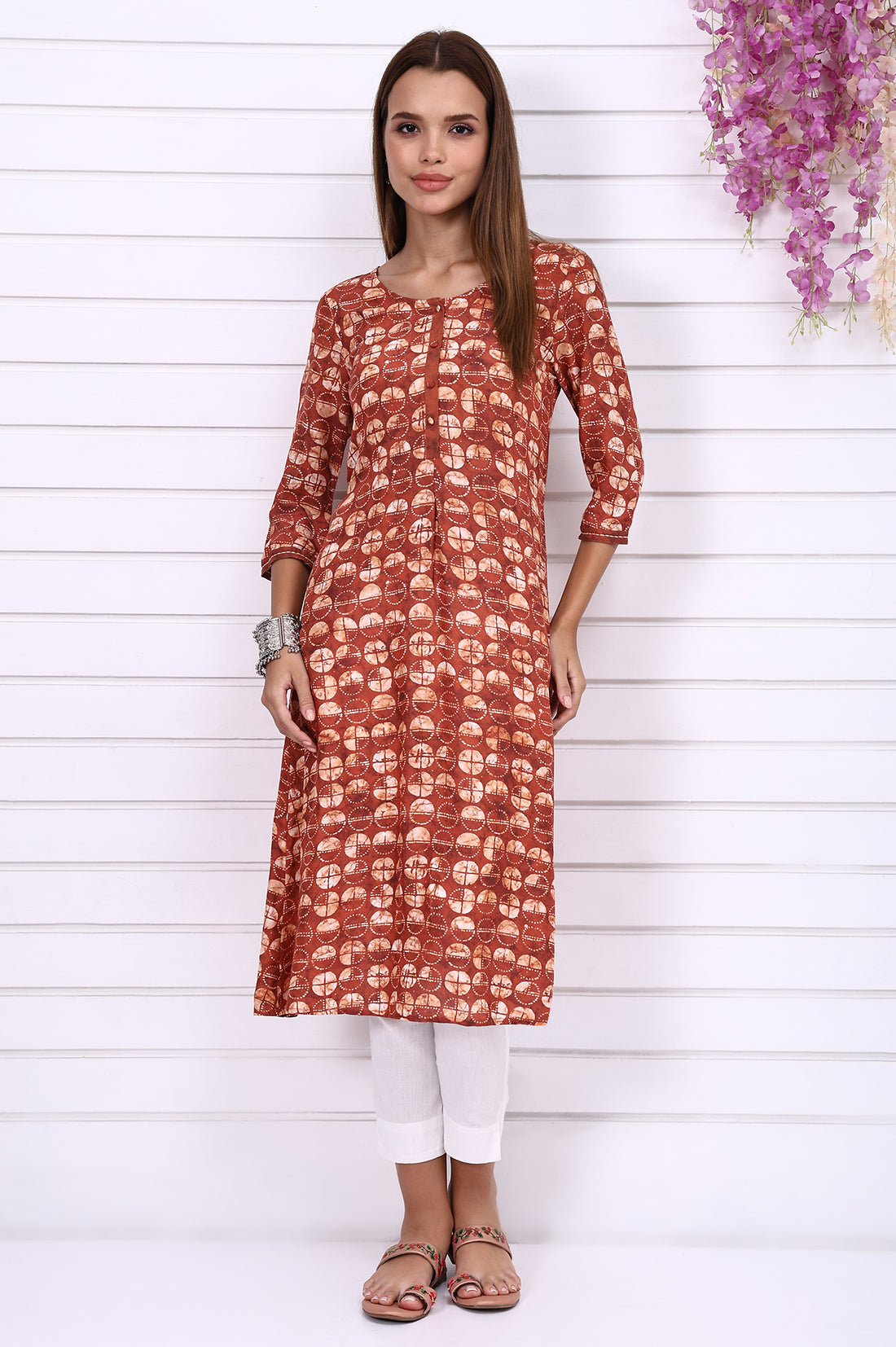 Orange Batik Printed Casual A-line Kurta