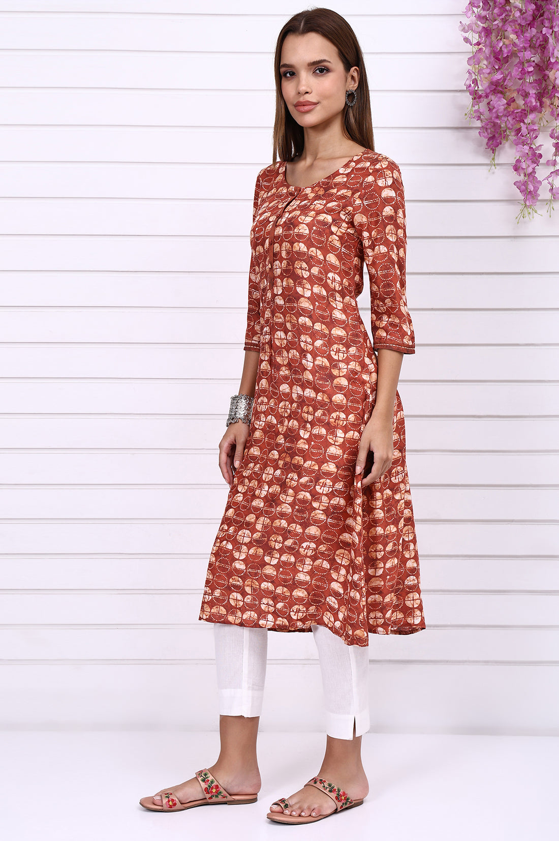 Orange Batik Printed Casual A-line Kurta