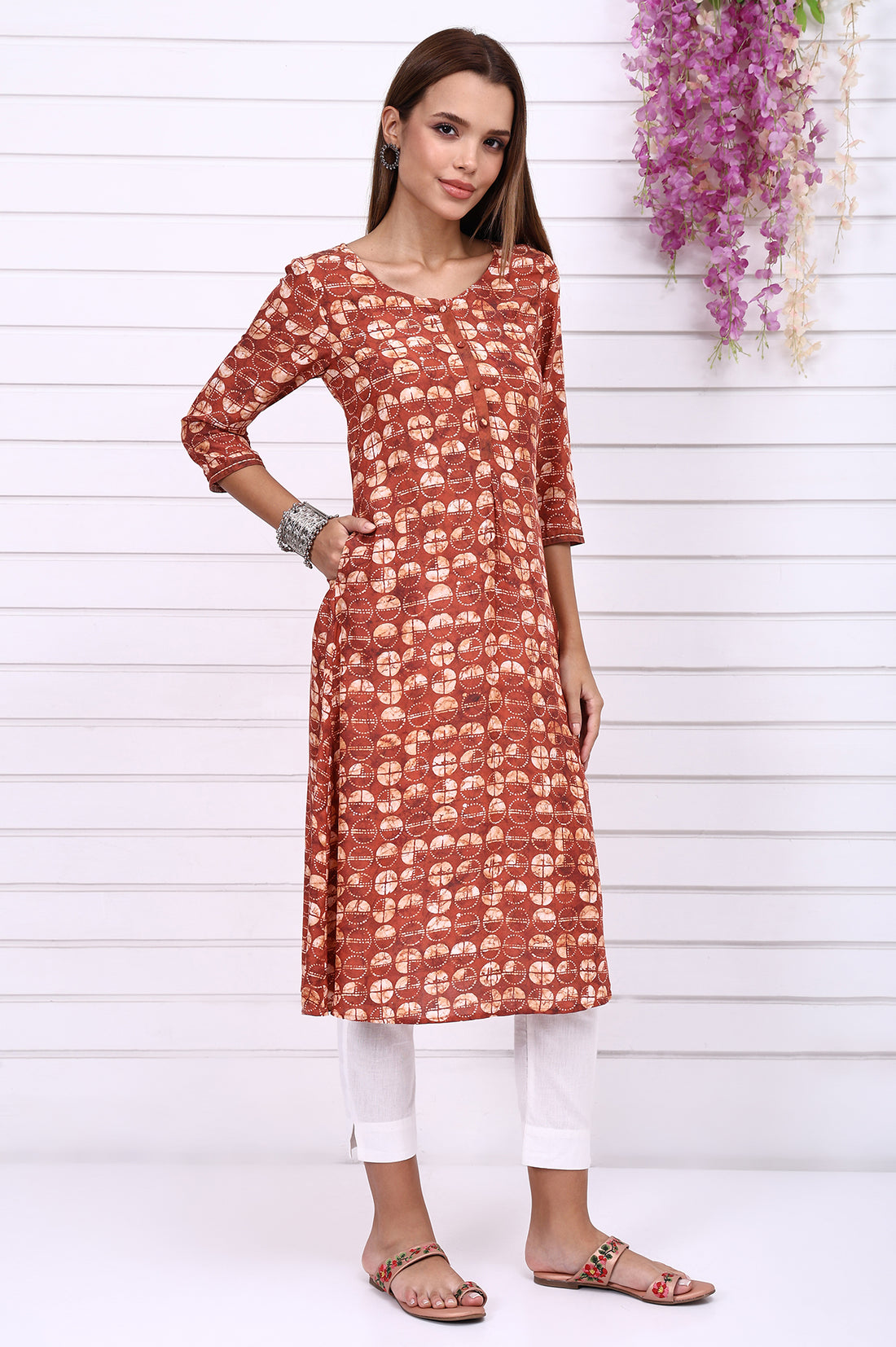Orange Batik Printed Casual A-line Kurta