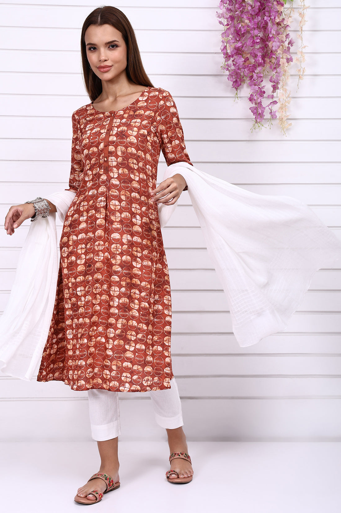 Orange Batik Printed Casual A-line Kurta