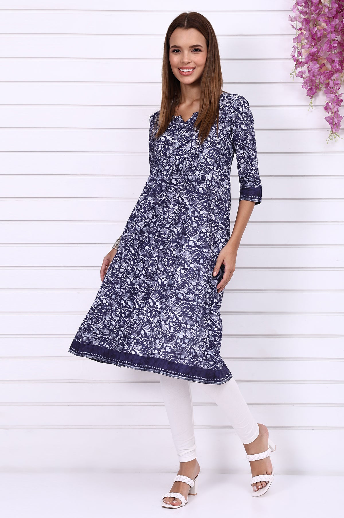 Blue Batik Printed Casual Flared Kurta - S
