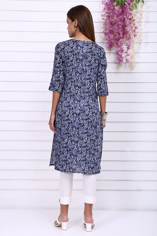 Blue Batik Printed Pure Cotton Straight Casual Kurta