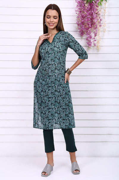 Green Batik Printed Pure Cotton Straight Casual Kurta