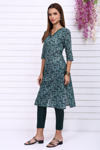 Green Batik Printed Pure Cotton Straight Casual Kurta