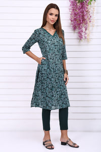 Green Batik Printed Pure Cotton Straight Casual Kurta
