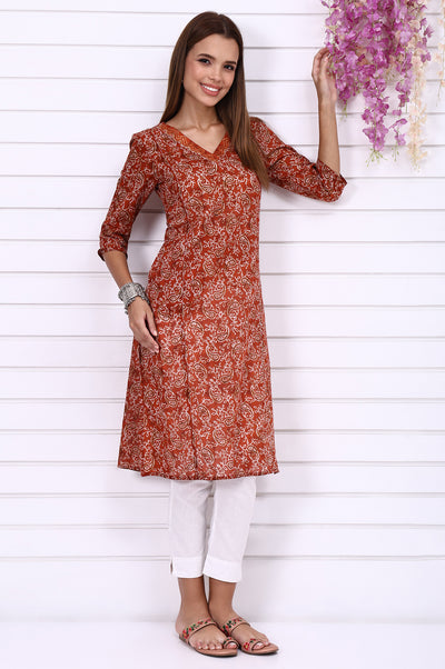Orange Batik Printed Pure Cotton Straight Casual Kurta