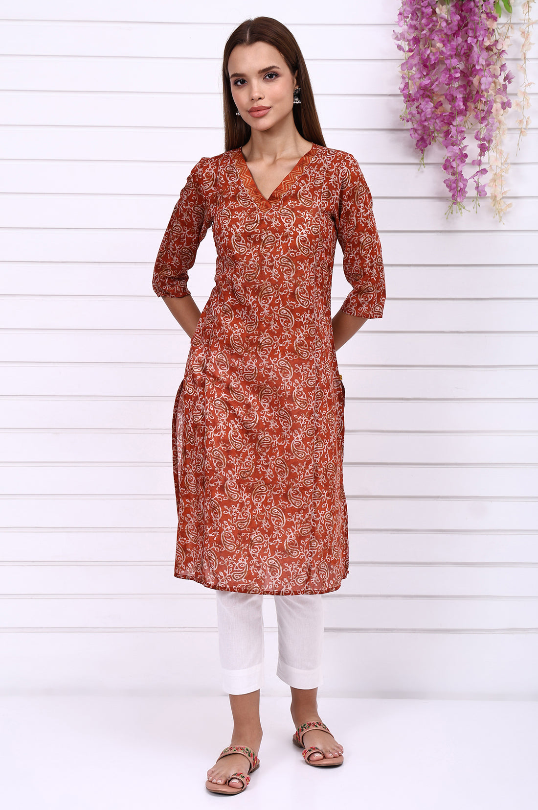 Orange Batik Printed Pure Cotton Straight Casual Kurta