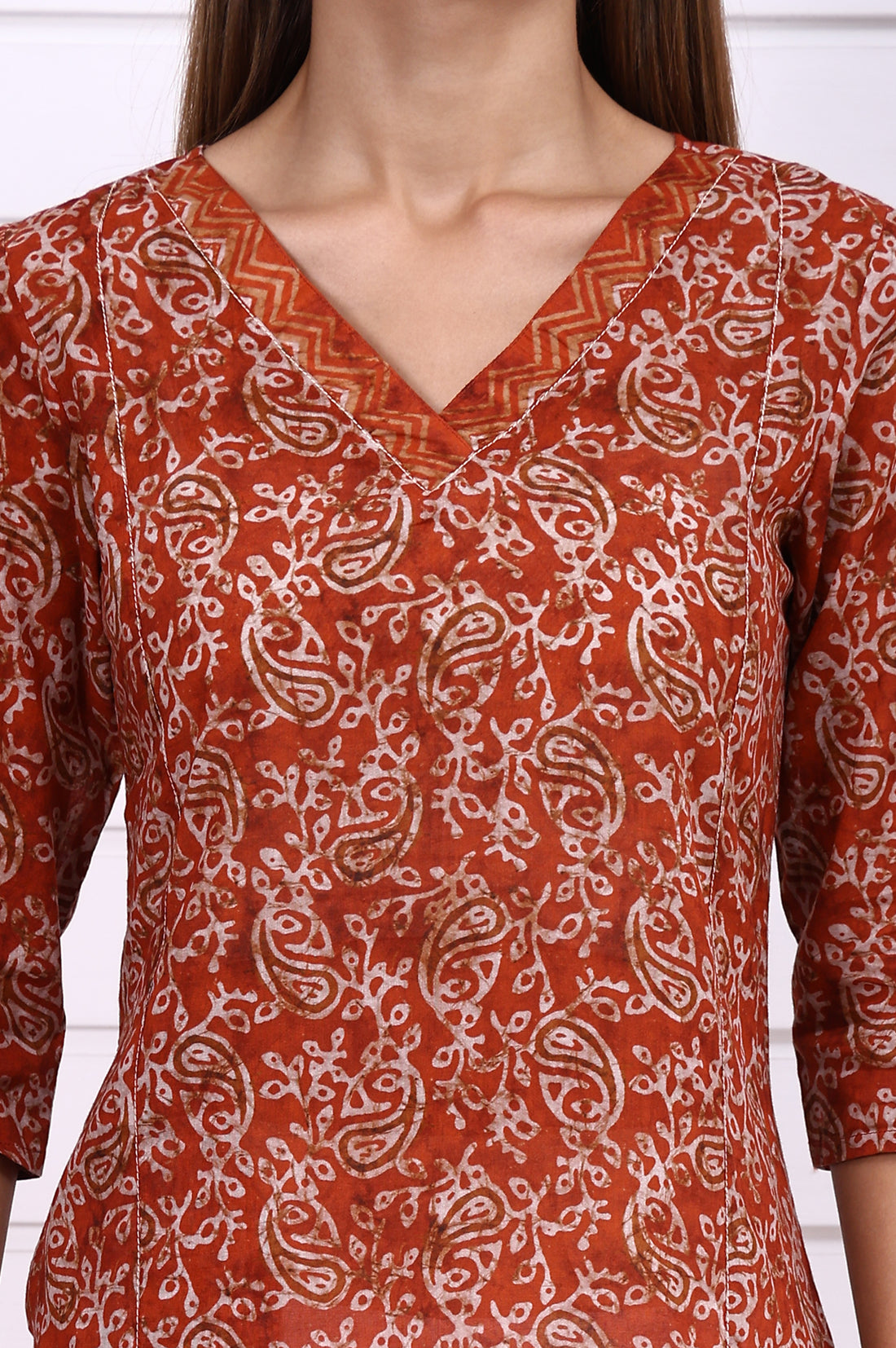 Orange Batik Printed Pure Cotton Straight Casual Kurta