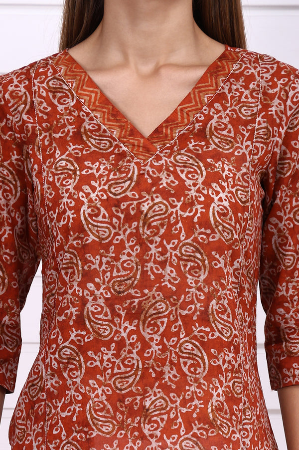 Orange Batik Printed Pure Cotton Straight Casual Kurta